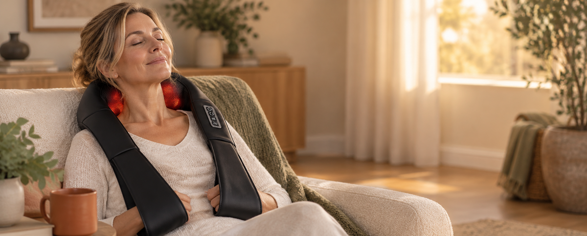 A woman relaxes in a beige armchair in a bright living room, wearing a black neck and shoulder massage device with red massage nodes.