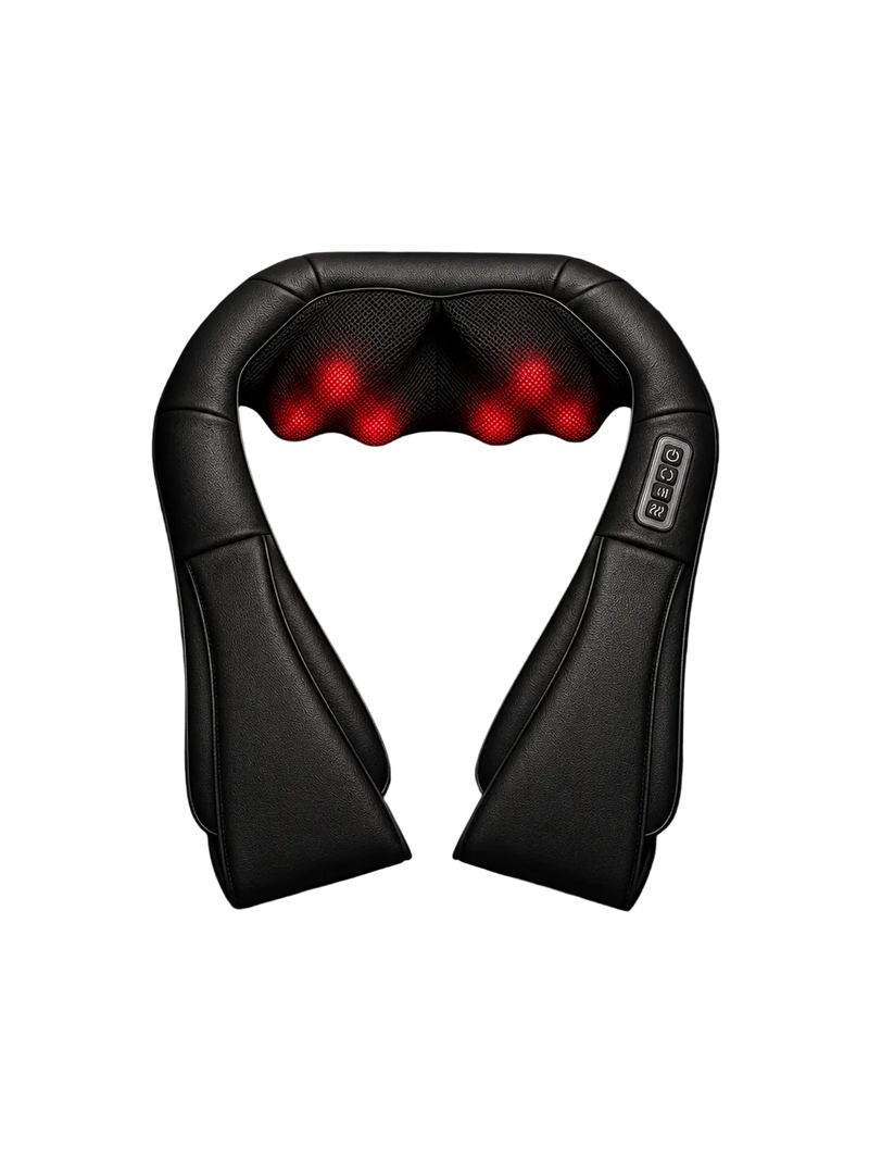 Black neck and shoulder massager with illuminated red massage nodes, shown on a dark studio background.