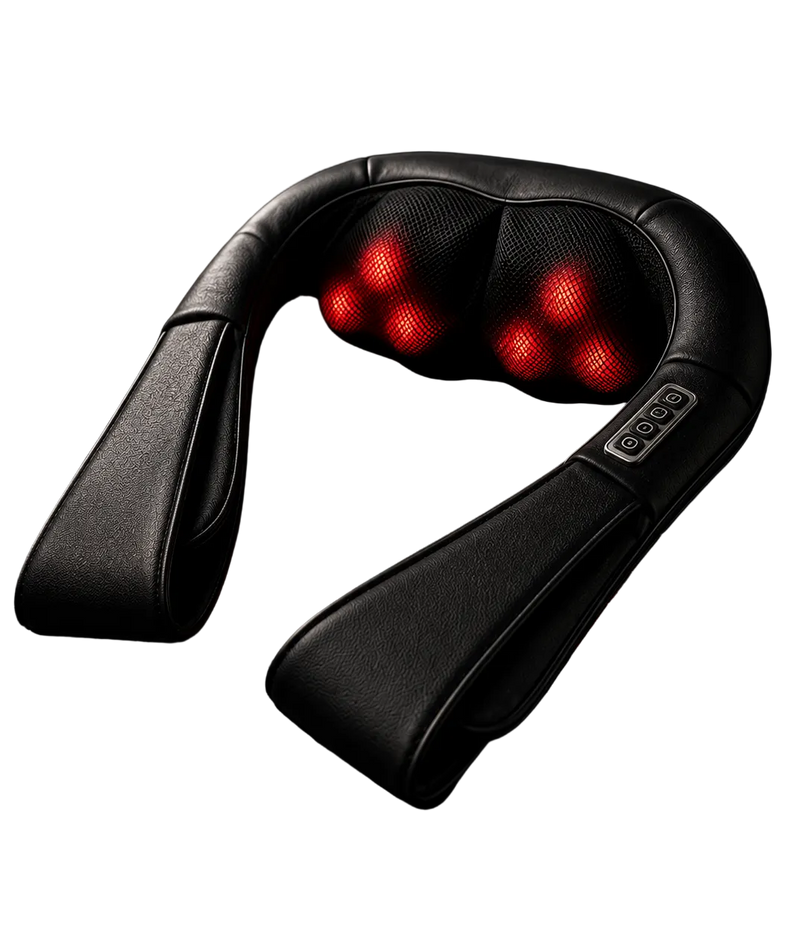 Black neck and shoulder massager with red LED light therapy nodes illuminated, resting on a dark marble surface against a black background.